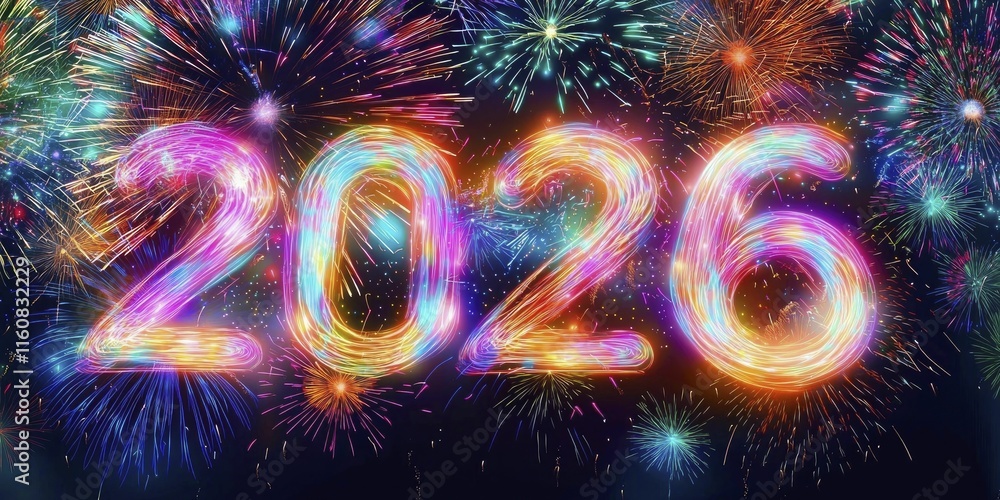 Fototapeta premium Vibrant 2026 New Year Celebratory Fireworks Display Background