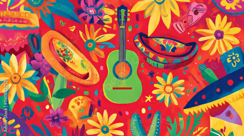 National Hispanic heritage month festival banner with ethnic floral ornament, vector background. Hispanic Americans culture, tradition and art heritage in ethnic ornament sombrero, guitar and flowers photo