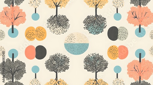 Vibrant and Whimsical Nature Pattern Featuring Stylized Trees, Circular Shapes and Soft Pastels Ideal for Backgrounds and Textile Design Projects photo