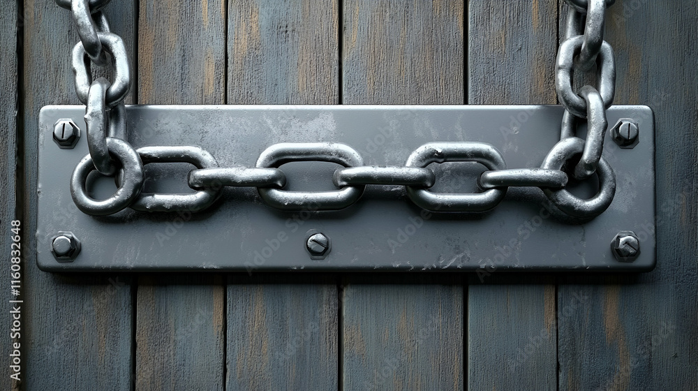 Metal Chain Secures Rustic Wooden Door: Strong, Heavy, Gray Links Rest on a Weathered Plank Surface. Metal Chain Secures Rustic Wooden Door: Strong, Heavy, Gray Links Rest on a Weathered Plank Surface.