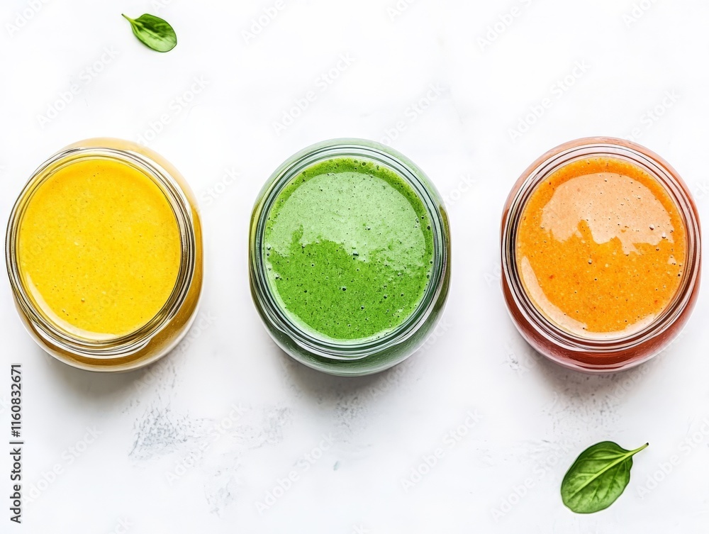 Trio of smoothies in glass jars featuring orange, green, and red hues, symbolizing vibrant health and natural detox for clean eating and lifestyle themes Trio of smoothies in glass jars featuring orange, green, and red hues, symbolizing vibrant health and natural detox for clean eating and lifestyle themes