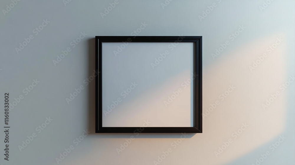 Empty black frame on a light gray wall illuminated by soft natural light Empty black frame on a light gray wall illuminated by soft natural light