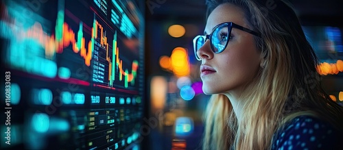 Woman Analyzing Stock Market Data on a Large Screen photo