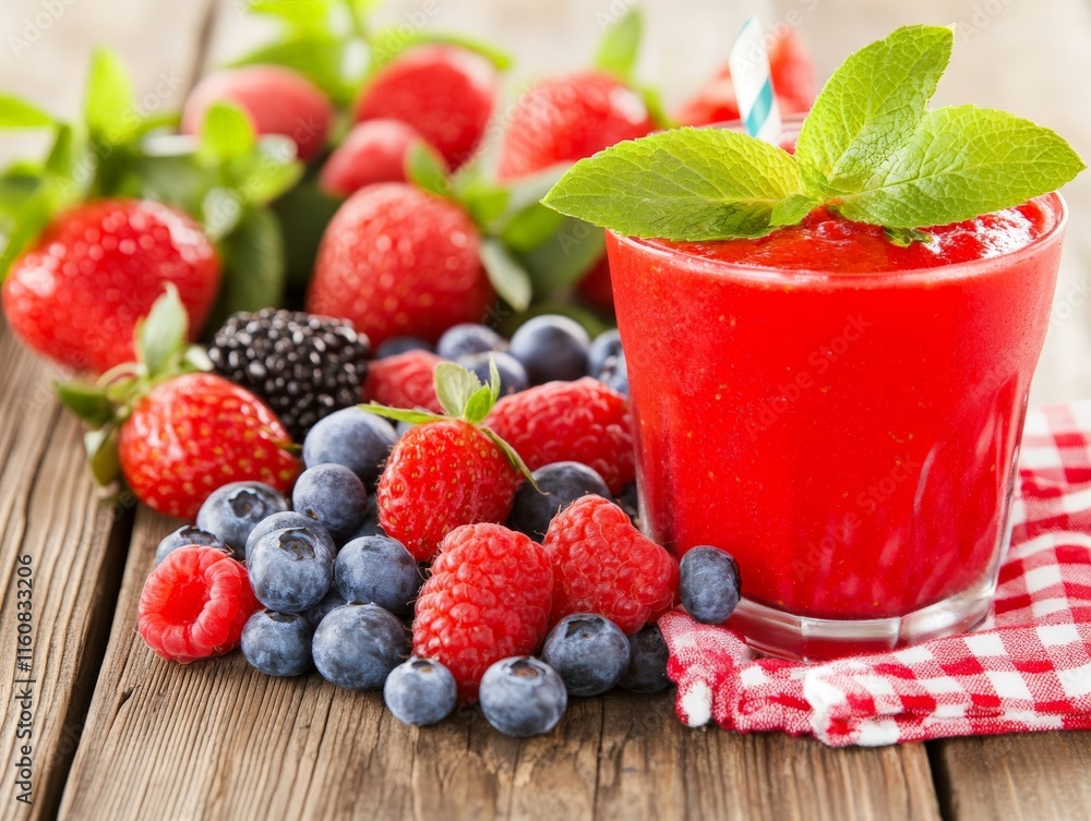 Refreshing red smoothie with mixed berries and mint leaves on a rustic wooden table, celebrating health, freshness, and wholesome summer nutrition Refreshing red smoothie with mixed berries and mint leaves on a rustic wooden table, celebrating health, freshness, and wholesome summer nutrition