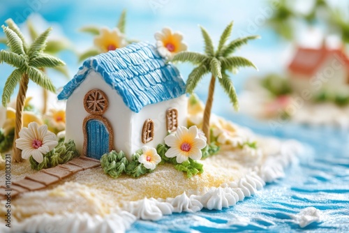 Charming miniature island scene with colorful house surrounded b photo