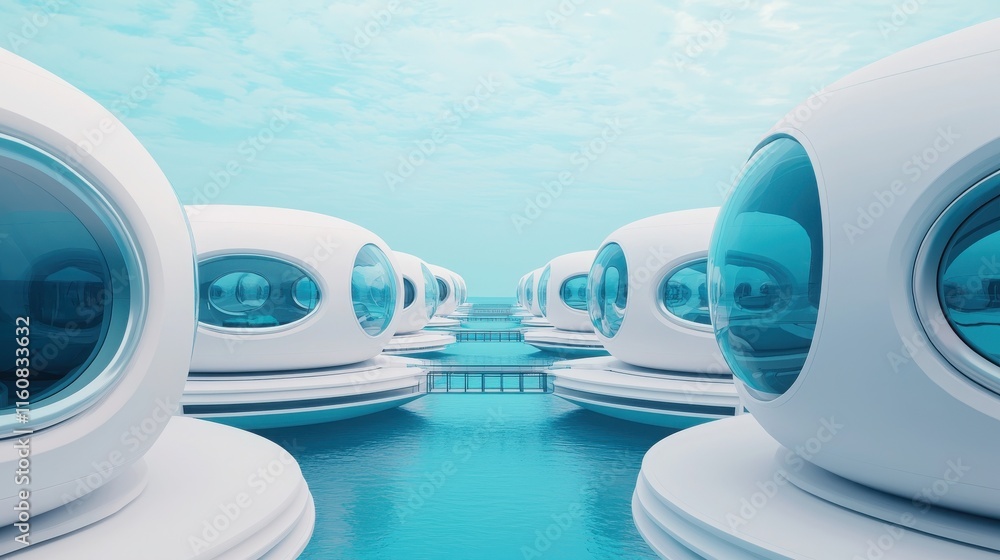 2025 Creative Projects modern design. Underwater futuristic housing with circular windows and tranquil blue surroundings. 2025 Creative Projects modern design. Underwater futuristic housing with circular windows and tranquil blue surroundings.