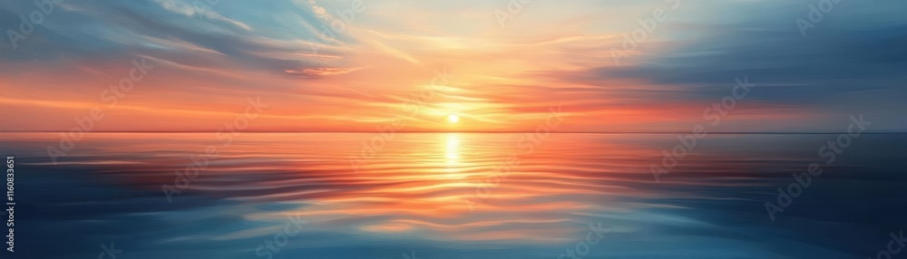 A tranquil, glowing sunset on a serene horizon, embodying balance and harmony, portrayed in oil painting A tranquil, glowing sunset on a serene horizon, embodying balance and harmony, portrayed in oil painting