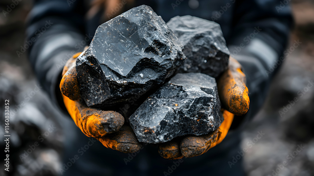 Rough Dark Mineral Rocks Held in Gloved Hands, Examining Natural Stone Samples Carefully Outdoors Rough Dark Mineral Rocks Held in Gloved Hands, Examining Natural Stone Samples Carefully Outdoors