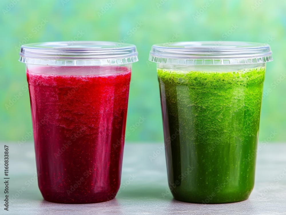Vibrant red and green smoothies in takeaway cups on a natural green backdrop, perfect for clean eating, wellness promotion, and detox branding campaigns Vibrant red and green smoothies in takeaway cups on a natural green backdrop, perfect for clean eating, wellness promotion, and detox branding campaigns