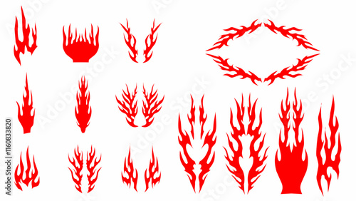Set of fire in abstract red, symmetrical tribal fire flame. Vector design for tattoo gothic elements