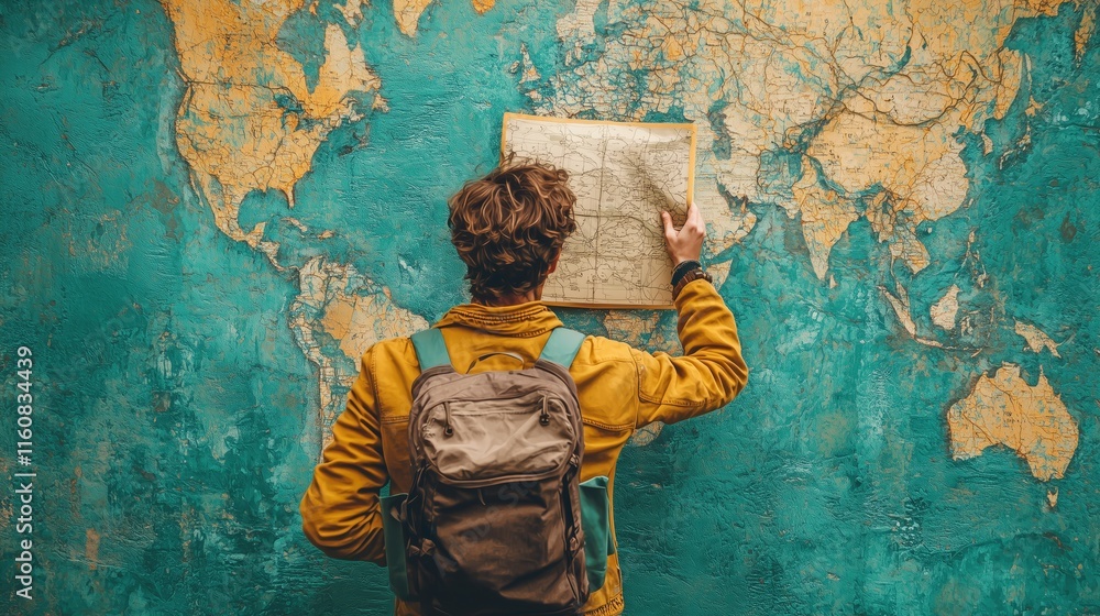Fototapeta premium Young Traveler Exploring World Map with Vintage Style Map