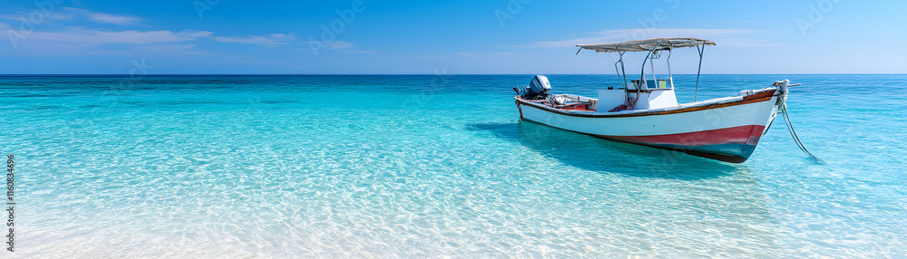 Tranquil Seascape, Small Boat Anchored in Crystal-Clear Turquoise Waters, under a Sunny Sky. Peaceful Ocean View. Tranquil Seascape, Small Boat Anchored in Crystal-Clear Turquoise Waters, under a Sunny Sky. Peaceful Ocean View.