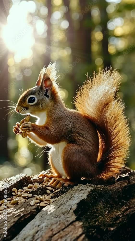 Squirrel foraging in a sunlit forest during early morning hours Squirrel foraging in a sunlit forest during early morning hours