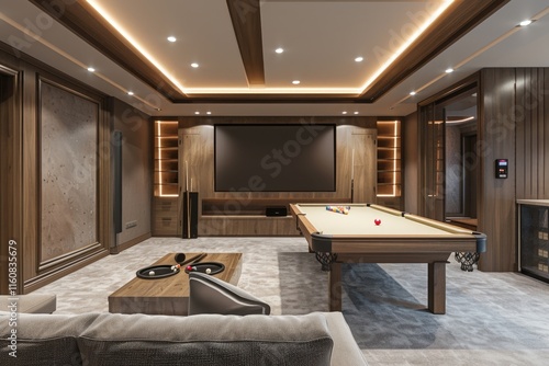 Entertainment Room in Luxury Home with Movie Screen and Pool Table photo