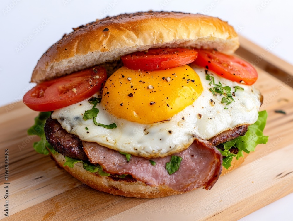 Gourmet breakfast burger topped with fried egg, bacon, and fresh greens on a toasted bun, highlighting morning indulgence and rustic food styling for premium culinary imagery Gourmet breakfast burger topped with fried egg, bacon, and fresh greens on a toasted bun, highlighting morning indulgence and rustic food styling for premium culinary imagery