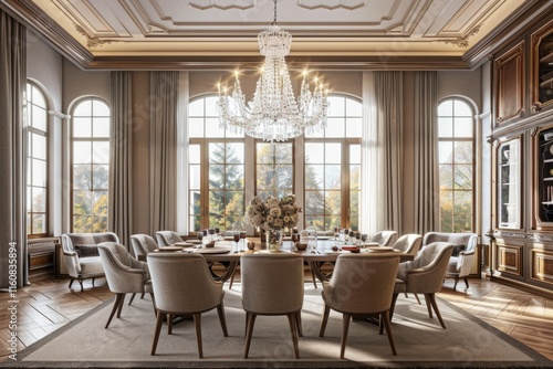 Luxury dining room with big windows and crystal chandelier. photo