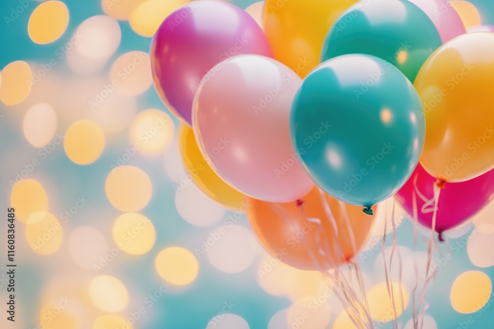 Colorful balloons float against dreamy background of soft bokeh Colorful balloons float against dreamy background of soft bokeh