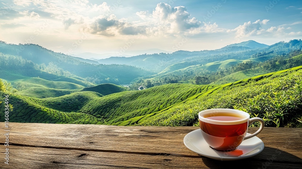 Serene Tea Plantation View with a Cup of Tea on a Wooden Table. A Breathtaking Landscape of Rolling Hills and Lush Tea Fields. Perfect for Relaxation Serene Tea Plantation View with a Cup of Tea on a Wooden Table. A Breathtaking Landscape of Rolling Hills and Lush Tea Fields. Perfect for Relaxation