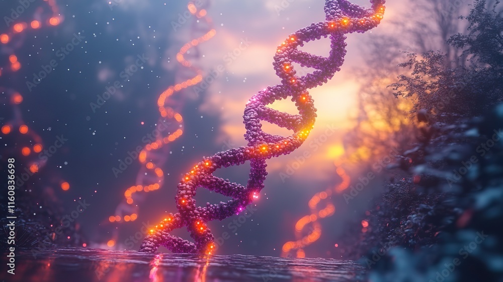Obraz premium mRNA genetic research illustrations represent health innovation, science, and DNA with helix, showcasing medical gene therapy, scifi with AI, and molecular sequences