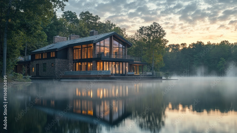 Modern lake house at sunrise, reflecting in calm water. Modern lake house at sunrise, reflecting in calm water.