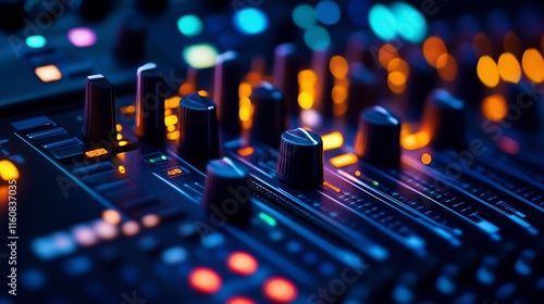 Close-up of a professional audio mixer, showcasing the intricate details and vibrant lighting.  A captivating glimpse into the world of sound engineering. photo