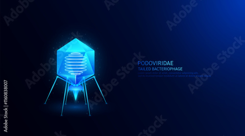 Tailed bacteriophage podoviridae. Virus affects destroys harmful bacterial cell human internal. Model glowing microbes on blue background. Medical science research and analysis. Vector EPS10. photo