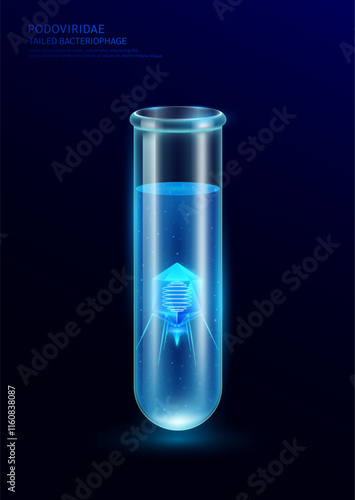Model tailed bacteriophage glowing microbes. Podoviridae in glass test tube. Virus affects destroys harmful bacterial cell human internal. Medical science research and analysis. Vector EPS10.