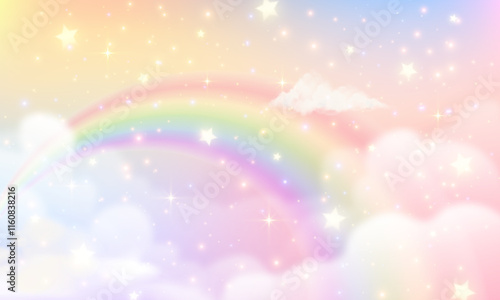 Unicorn cartoon background, holographic fantasy rainbow backdrop, magical gradient landscape or cute candy wallpaper with sky, cloud, star, bokeh, sparkle, glitter texture and iridescent neon light.