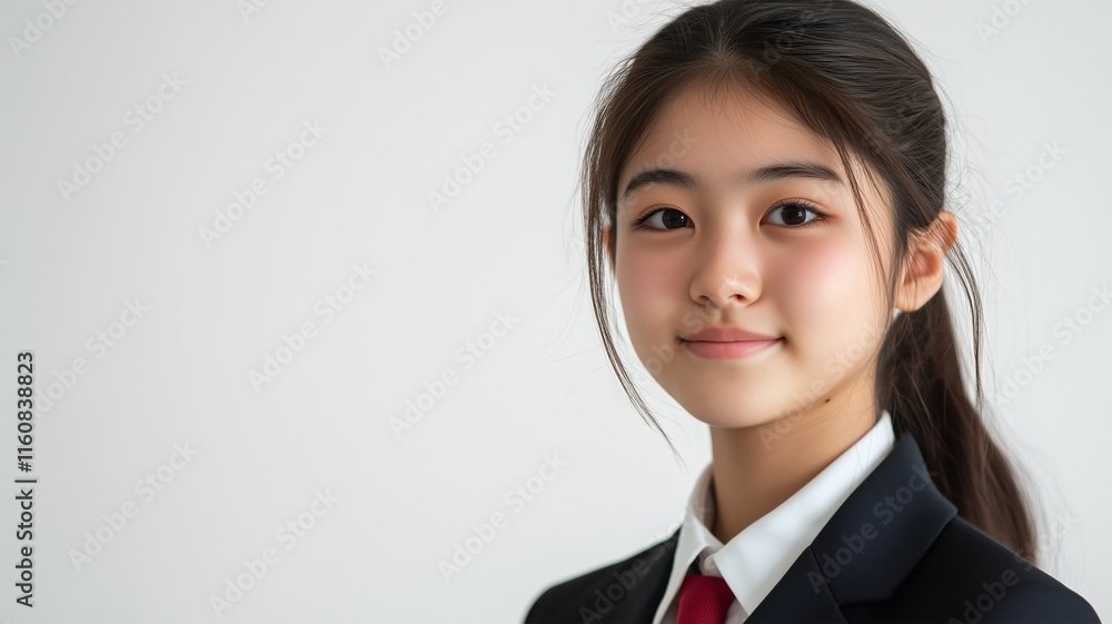 制服姿で白背景に撮影されたフレッシュな10代日本人女性のポートレート 制服姿で白背景に撮影されたフレッシュな10代日本人女性のポートレート