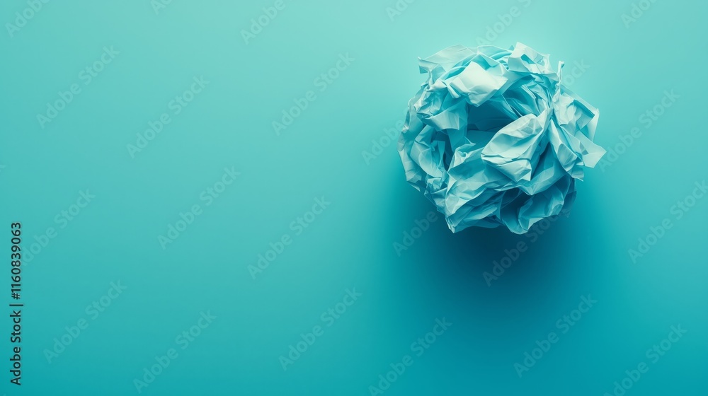 Crumpled Light Blue Paper Ball on Teal Background for Design Use Crumpled Light Blue Paper Ball on Teal Background for Design Use