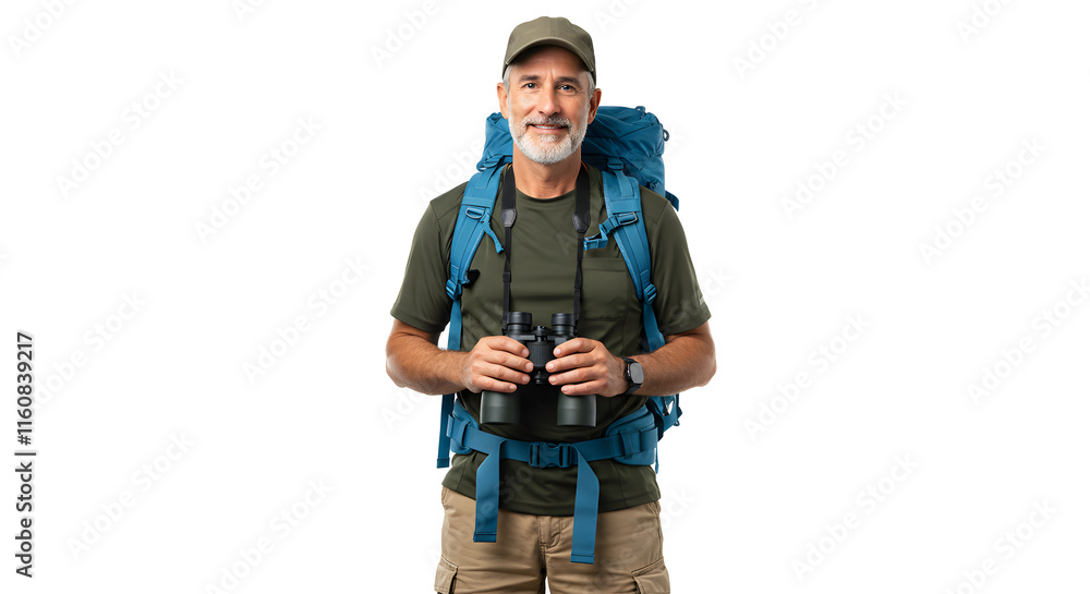 Smiling Senior Hiker Backpack Binoculars White Background Smiling Senior Hiker Backpack Binoculars White Background