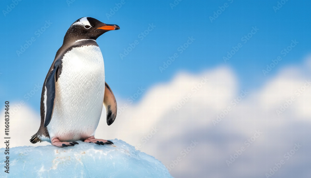 Fototapeta premium Climate change ecosystem global crisis. Gentoo penguin on an ice floe under blue sky