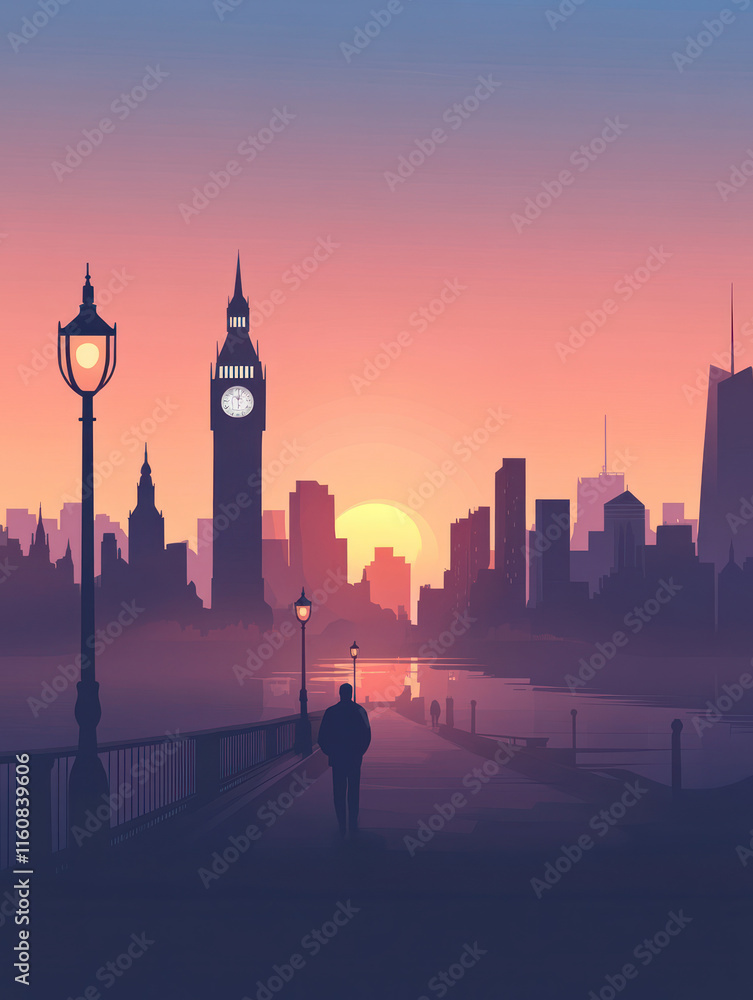 Obraz premium silhouette of person walking along riverbank at sunset, with iconic buildings and clock tower in background. scene evokes sense of tranquility and urban beauty