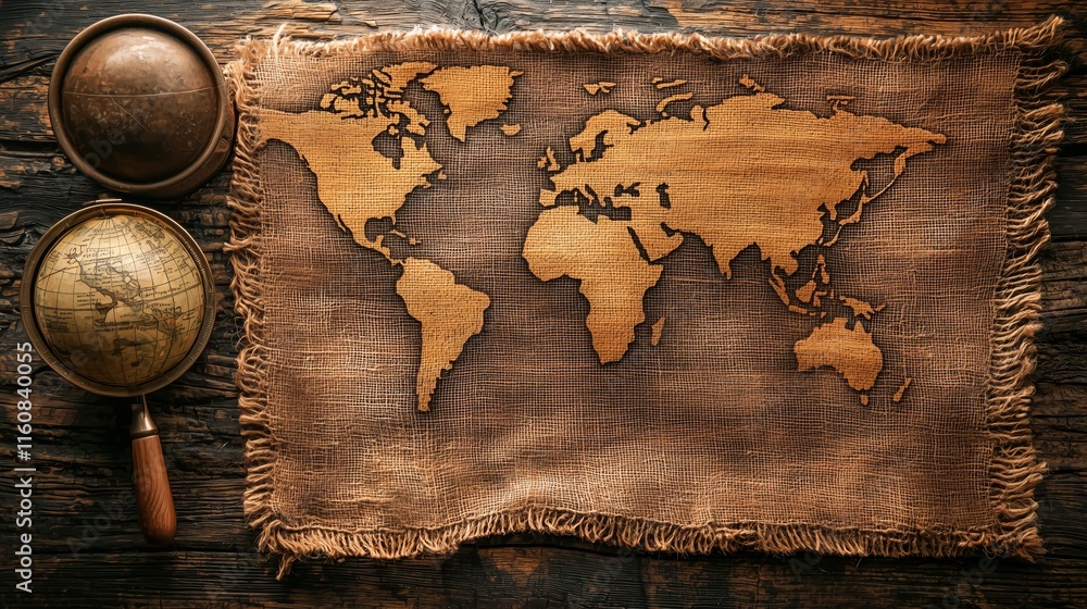 Naklejka premium Vintage World Map on Rustic Fabric with Compass and Globe Elements