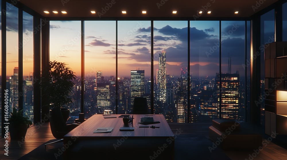 A skyscraper office offers a breathtaking view of the city at sunset, blending corporate vibes with serenity, capturing the essence of a bustling met A skyscraper office offers a breathtaking view of the city at sunset, blending corporate vibes with serenity, capturing the essence of a bustling met
