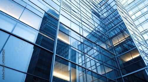 Close-up of a modern office building featuring blue glass windows. The architectural design highlights urban elegance and sophistication.