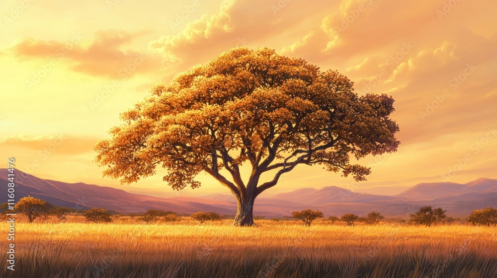 Obraz premium Solitary acacia tree in golden savanna at sunset.