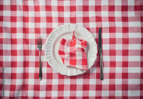 Red and white checkered tablecloth Top view table cloth texture background Red gingham pattern fabri photo