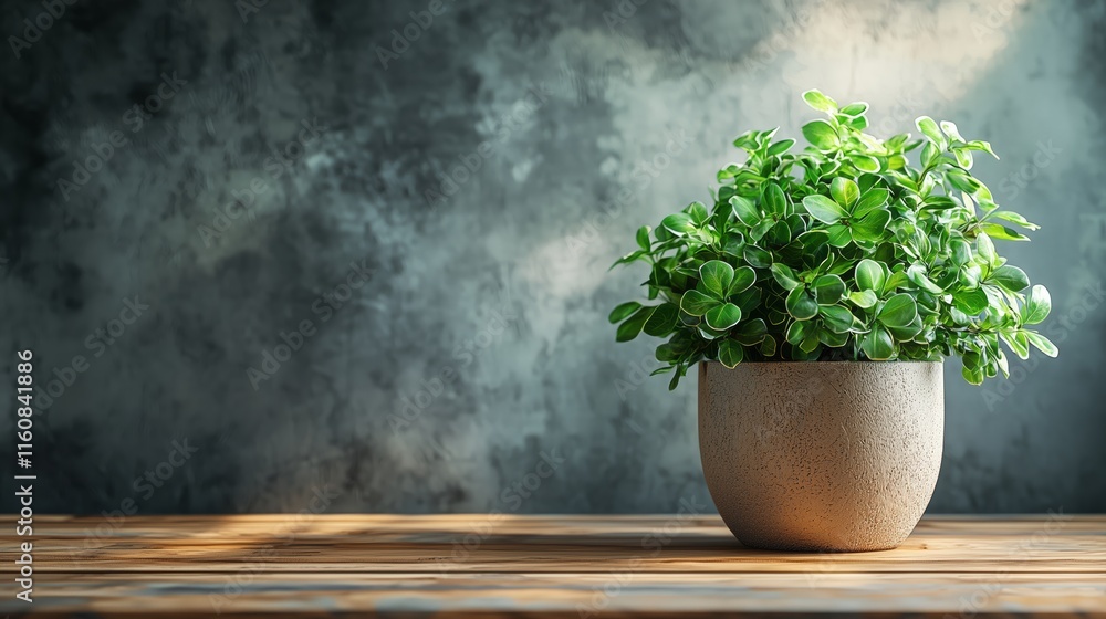 Lush Green Indoor Plant in Stylish Pot on Wooden Table Surface Lush Green Indoor Plant in Stylish Pot on Wooden Table Surface