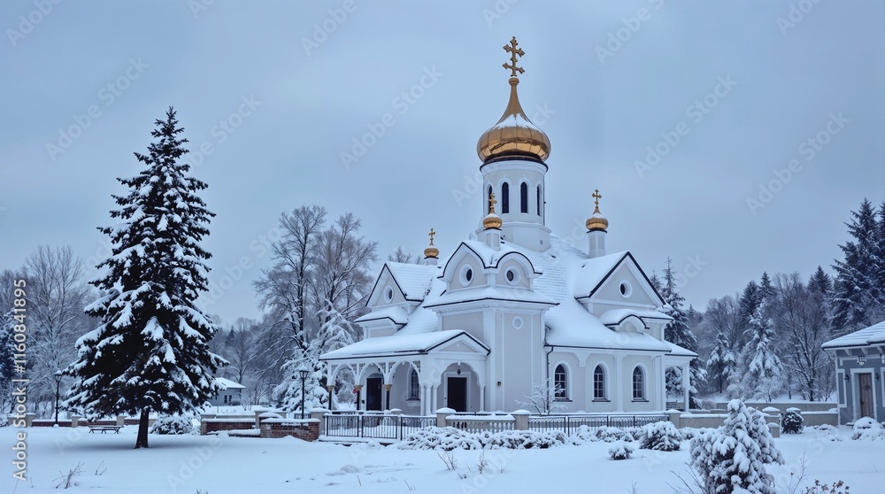 Winter church with golden dome surrounded by snowy landscape Winter church with golden dome surrounded by snowy landscape