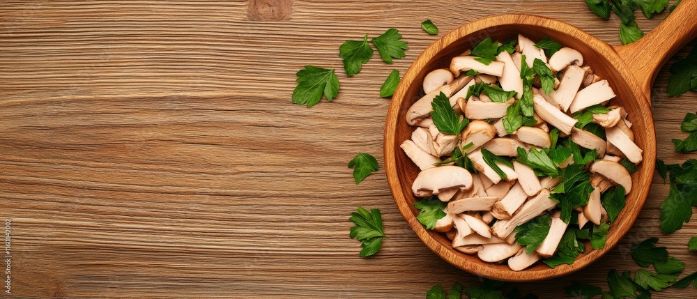 Freshly chopped parsley leaves and mushrooms on a rustic bamboo cutting board with vibrant green herbs and earthy tones Freshly chopped parsley leaves and mushrooms on a rustic bamboo cutting board with vibrant green herbs and earthy tones