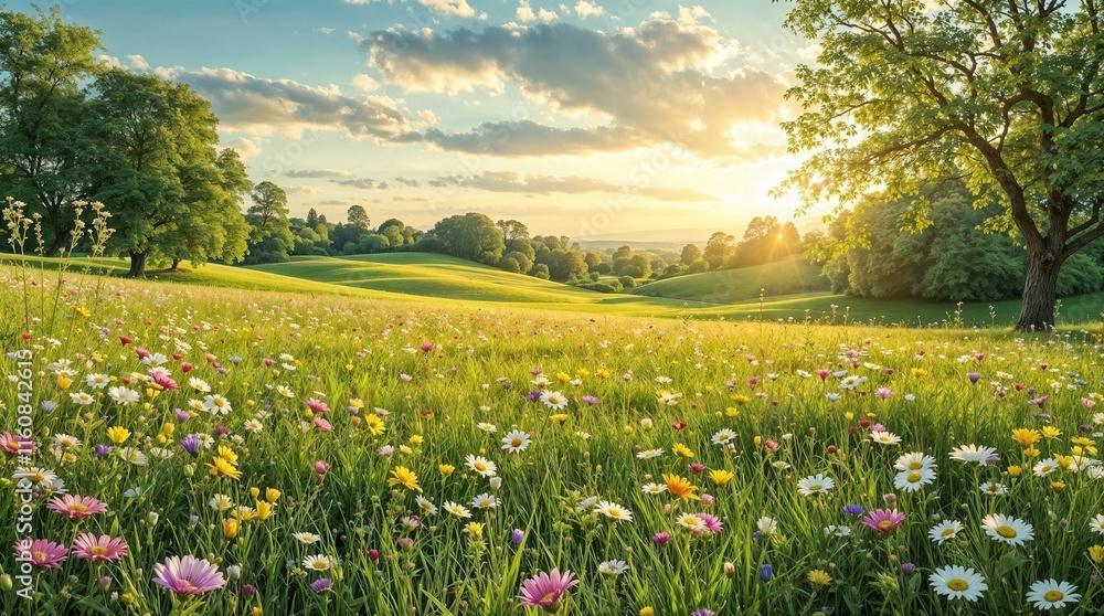 Fototapeta premium Beautiful wildflower meadow at sunset