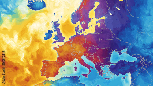 Forecast weather isobar night map of Europe, wind fronts and temperature vector diagram. Meteorology climate and weather forecast isobar of Europe, cold and warm cyclone or atmospheric pressure chart photo