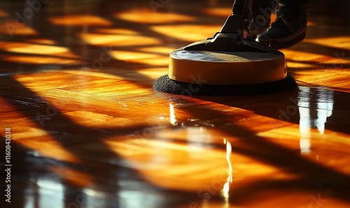 Floor cleaning machine polishing wood floor.