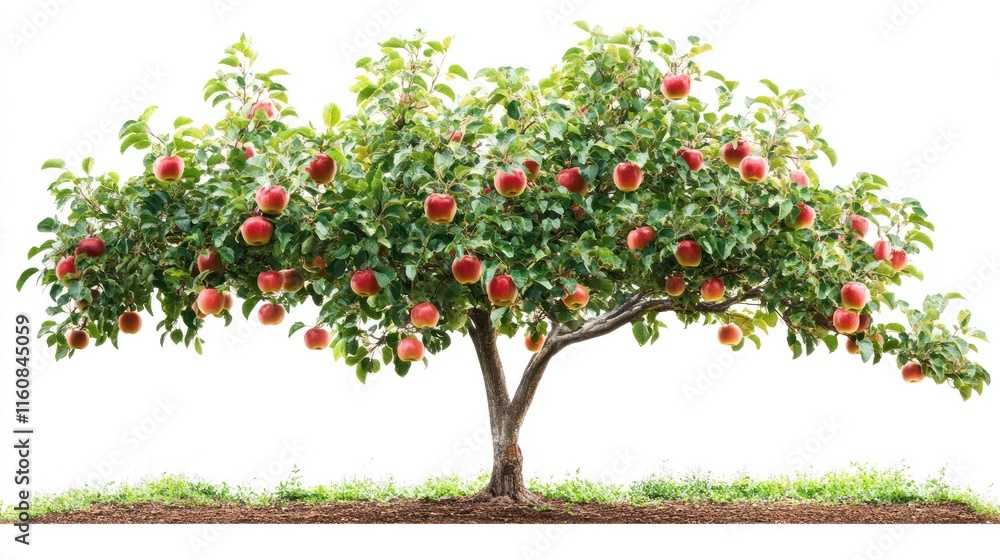 Lush apple tree laden with ripe red apples against a white background. Lush apple tree laden with ripe red apples against a white background.