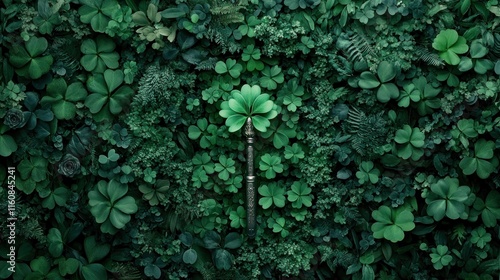 Discover the beauty of a shamrock plant framed in traditional Irish folklore symbols This image celebrates Irish culture with a rich cultural heritage of clovers The central shamrock, surrounded by a photo