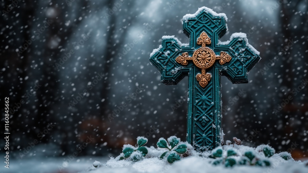 Obraz premium Discover the spiritual tradition of St Patrick's Day with this Celtic cross image, intricately decorated with green and gold accents A symbol of faith and heritage, this cross is surrounded by