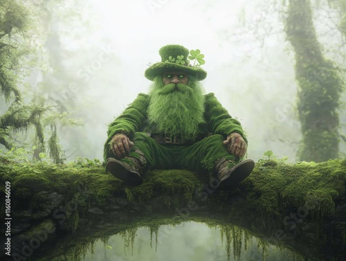 Enchanted Irish Forest Scene A whimsical leprechaun rests on a mossy stone bridge, embodying luck, culture, and folklore This captivating image intertwines nature's beauty with Ireland's magical photo