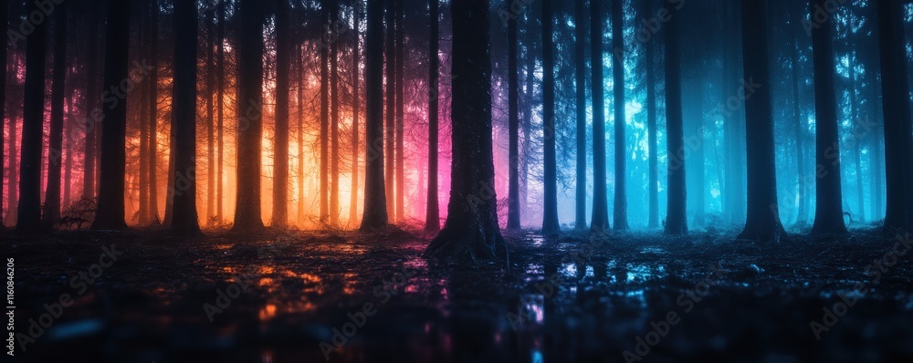 Obraz premium Enchanting misty forest bathed in rainbow reflections, a breathtaking spectacle of natural beauty Witness the interplay of light and color as vibrant hues illuminate the serene woods Experience the