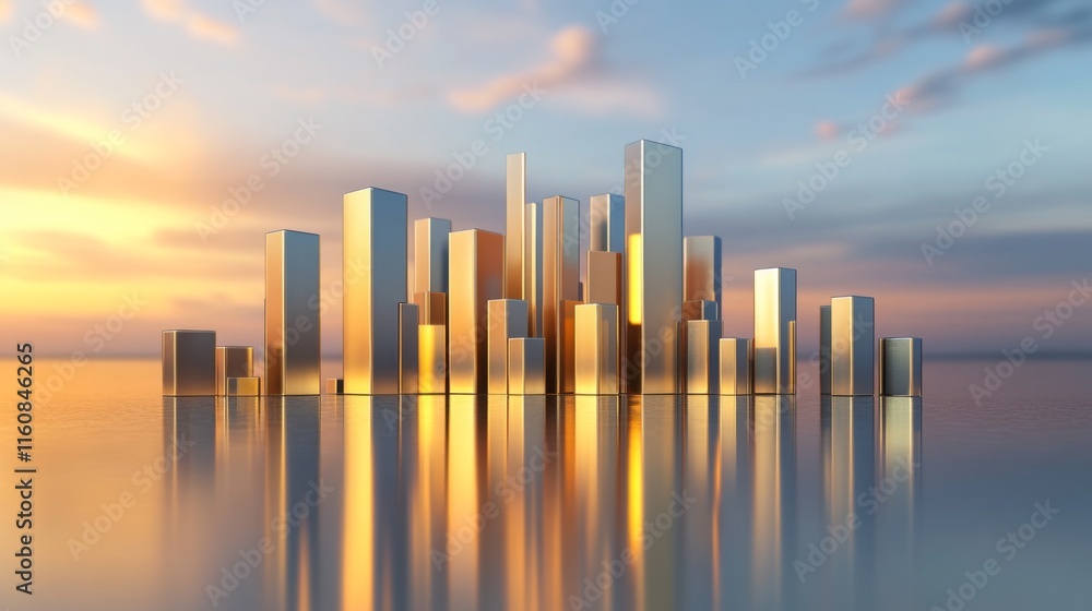 Fototapeta premium Futuristic Cityscape Reflection at Sunrise with Golden Light